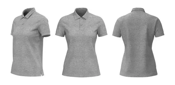 Blank grey collared shirt mockup in front, side and back views, tee design presentation for print, 3d rendering, 3d illustration