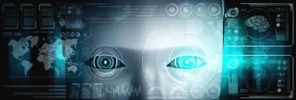istock Robot humanoid face close up with graphic concept of big data analytic 1296790890