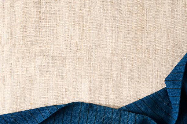 Hand woven cotton fabric texture background, Blue and cream Cotton fabric with copy space, Textile background