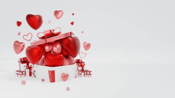 heart model bursting out of the gift box with ball and star element. - february three dimensional shape heart shape greeting imagens e fotografias de stock