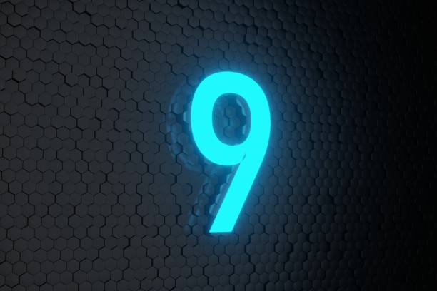 istock Glowing blue Neon Light Countdown number 9 on black hexagon background 3D Rendering 1296791763