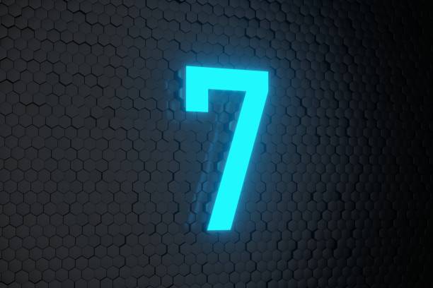 istock Glowing blue Neon Light Countdown number 7 on black hexagon background 3D Rendering 1296791773