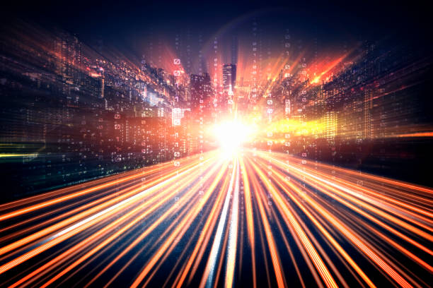 istock Digital data flow on road with motion blur to create vision of fast speed transfer 1296792726