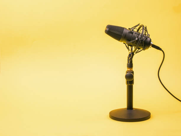 istock A yellow background and a modern condenser microphone. 1296793434