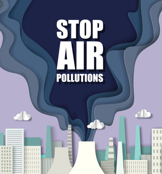 ilustrações, clipart, desenhos animados e ícones de fumo estilo artesanato cortado de papel da fábrica de poluentes do ar, chaminé de usina térmica. pare o pôster do vetor de poluição do ar. - pollution smoke stack air pollution smoke