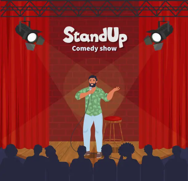 Vector illustration of Stand up comedy show. Male comic telling funny stories, jokes in front of live audience, flat vector illustration.