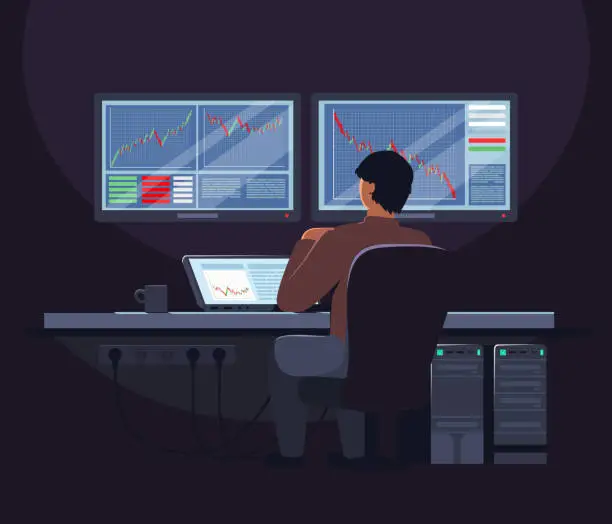 Vector illustration of Stock broker sitting at trader desk in front of computer screen, flat vector illustration. Trading room. Stock market.