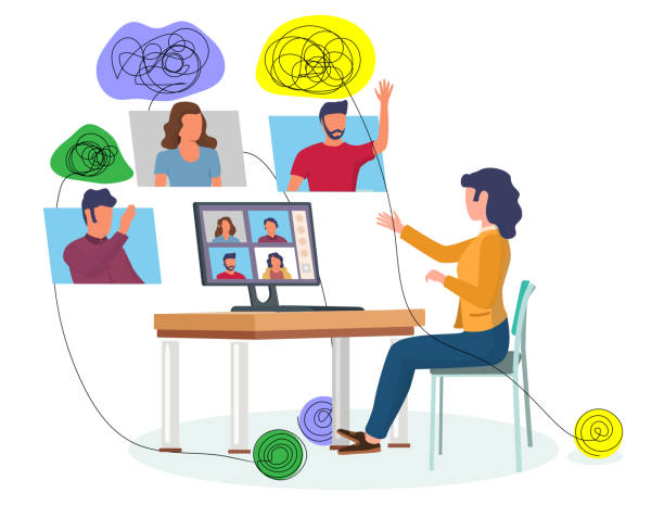 Online group psychotherapy, flat vector illustration. Video conference technology. Psychology, mental health counseling. Online psychological help and support, group psychotherapy, flat vector illustration. Video conferencing technology, group chat. Psychologist online. Psychology and mental health counseling. melancholy computer support specialist stock illustrations