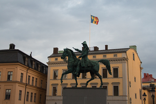 Sweden, Stockholm - April 27 2019: the view of equestrian statue of Gustav II on April 27 2019 in Stockholm, Sweden.
