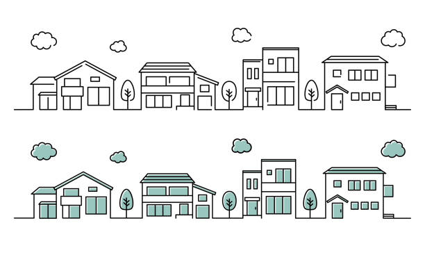 illustrations, cliparts, dessins animés et icônes de un ensemble d’illustrations d’un paysage urbain simple d’icône de maison - lotissement illustrations