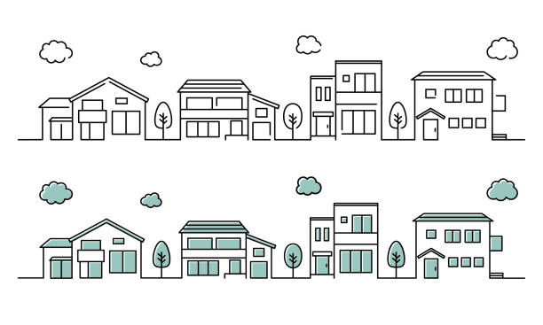 basit bir ev simgesi cityscape çizimler kümesi - tek sıra illüstrasyonlar stock illustrations