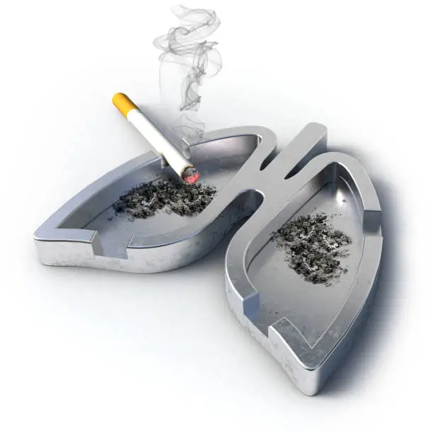 Photo of Lung Shaped Ash Tray. COPD day concept. World no tobacco day concept. Ashtray in the shape of a human lung. 3D render illustration isolated on white background.