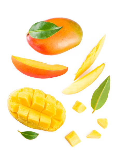 istock mango slice with green leaves isolated on white background. top view 1296798627