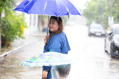 Beautiful fat woman working in the rain. Asian female under umbrella