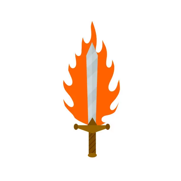 Vector illustration of Fiery sword. Magic weapon of knight, sorcerer, magician. Fire spell. Burning blade. The medieval element of game. Dangerous hotter the flames.