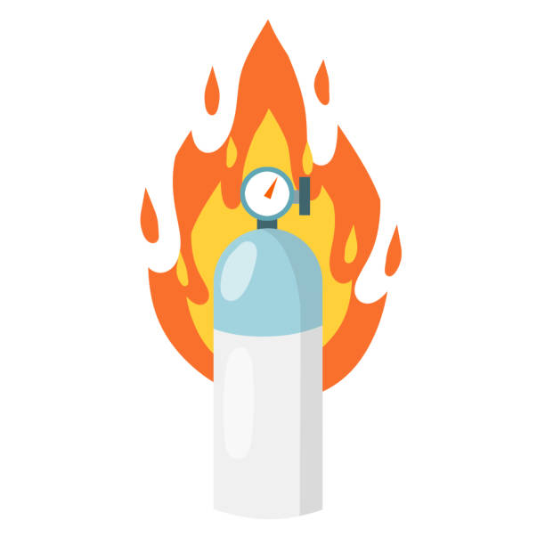 Gas and oxygen cylinder with indicator in fire. Flame and blue tank. Cartoon flat illustration. Gas and oxygen cylinder with indicator in fire. Flame and blue tank. Cartoon flat illustration. Accident and dangerous situation argon stock illustrations