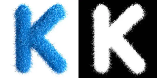Alphabet K made from fur with alpha mask, fur font, 3d alphabet. 3d illustration.