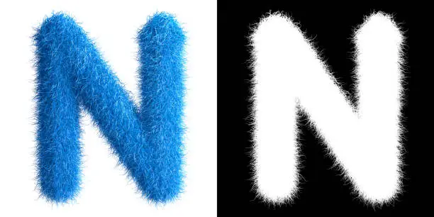 Alphabet N made from fur with alpha mask, fur font, 3d alphabet. 3d illustration.