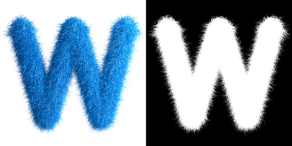 Alphabet W made from fur with alpha mask, fur font, 3d alphabet. 3d illustration.
