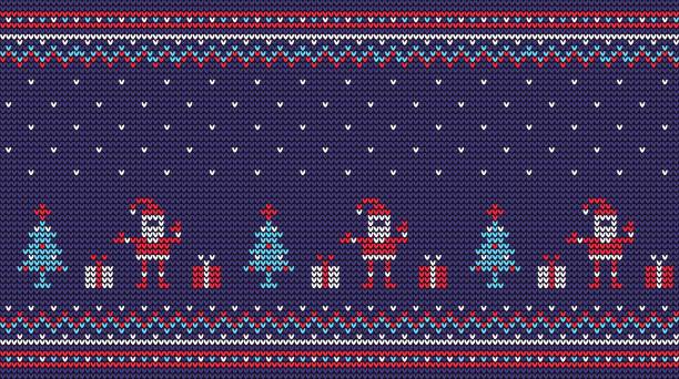 Christmas knitted pattern with santa gifts and christmas tree Christmas knitted pattern with santa gifts and christmas tree. Vector illustration, christmas pattern pixel stock illustrations