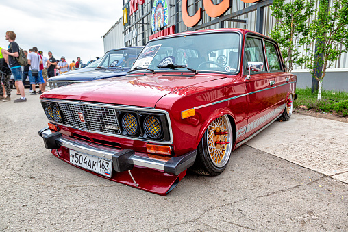Samara, Russia - May 19, 2018: Vintage Russian tuned automobile Lada-2106 at the parade of old cars and motor show