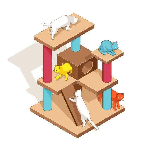 Vector illustration of Cats playground isometric. Kittens on cat tower.