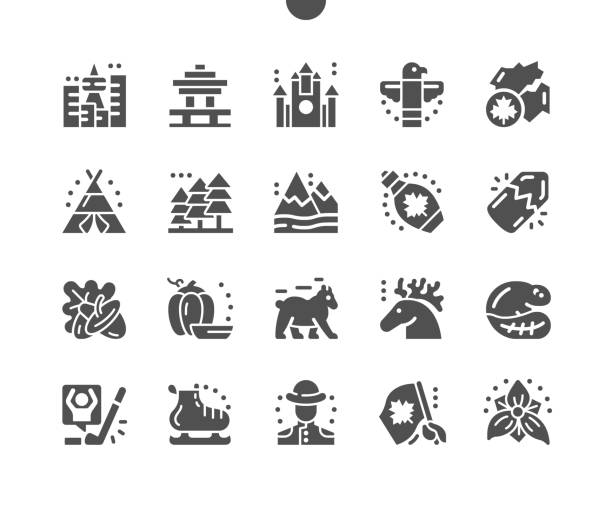 ilustrações de stock, clip art, desenhos animados e ícones de canada. symbol of ontario trillium. canadian flag. mountains, acorn, wigwam, skates, totem, vancouver, beaver and bear. rcmp officer. vector solid icons. simple pictogram - canadian flag maple leaf canada computer icon