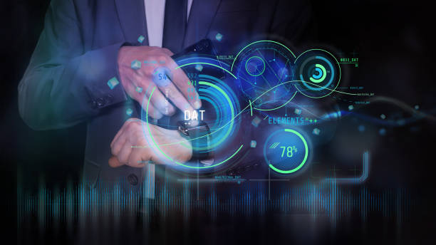 istock Financial background with holographic HUD and infographic elements. 1296809596