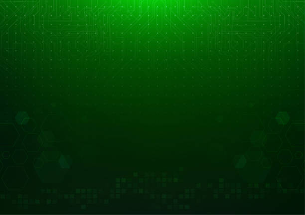 Technology_BG-64_01 Abstract dark green technology background with hexagon,  square shape and circuit board lines. Vector illustration green technology stock illustrations