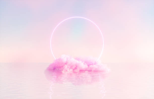 Natural beauty podium backdrop for product display with dreamy cloud and neon light background.