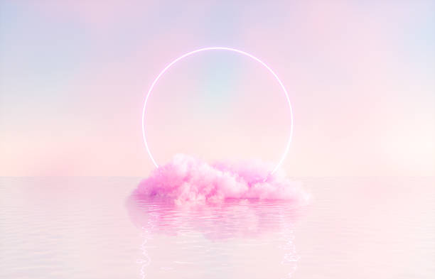 Natural beauty podium backdrop for product display with dreamy cloud and neon light background. Romantic 3d seascape scene. ethereal stock pictures, royalty-free photos & images