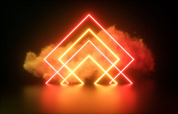 istock Futuristic Modern empty stage. Reflective dark room with glowing neon rhombus shape and cloud. 1296810760