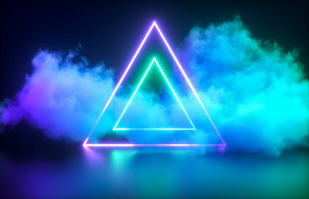 istock Futuristic Modern empty stage. Reflective dark room with glowing neon triangle shape and cloud. 1296810761