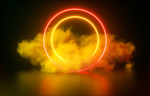 Futuristic Modern empty stage. Reflective dark room with glowing neon circle shape and cloud.