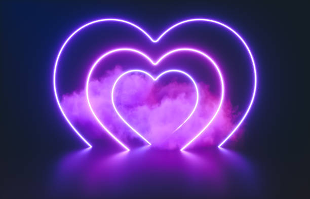 istock Futuristic Modern empty stage. Reflective dark room with glowing neon heart shape and cloud. 1296810774