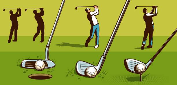 ilustraciones, imágenes clip art, dibujos animados e iconos de stock de golf jugador estilo retro - putting