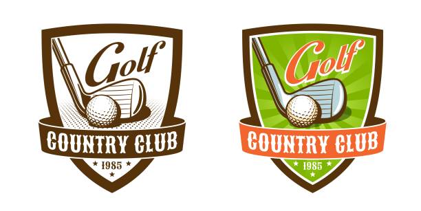 ilustraciones, imágenes clip art, dibujos animados e iconos de stock de insignia vintage del club de golf. palo de golf y emblema retro de pelota. - golf club golf ball golf ball