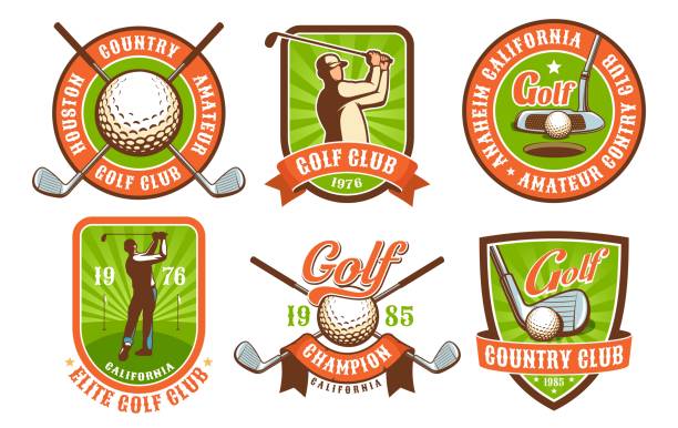 illustrazioni stock, clip art, cartoni animati e icone di tendenza di set di distintivi e simboli vintage del golf club - golf golf club sport golf ball