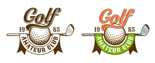 Golf retro sport logo Golf retro sport logo. Golf ball and club with ribbon - vintage emblem. Vector illustration. golfer swinging club stock illustrations