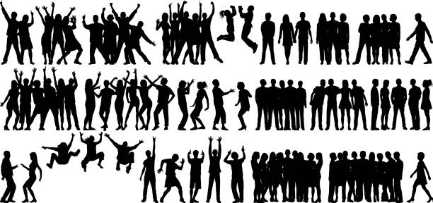 illustrazioni stock, clip art, cartoni animati e icone di tendenza di gruppi (tutte le persone sono complete e spostabili) - cheering group of people silhouette fan