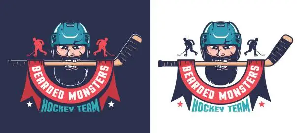 Vector illustration of Retro hockey emblem. Hockey team mascot - bearded player in helmet with stick