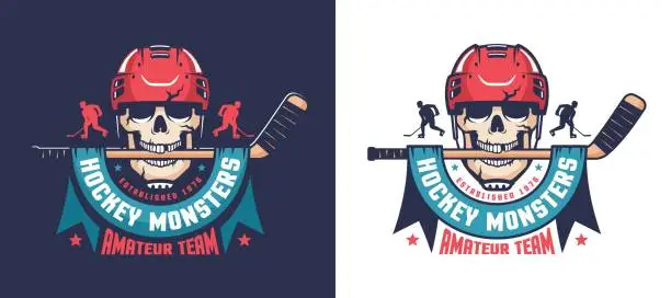 Vector illustration of Retro skull hockey emblem