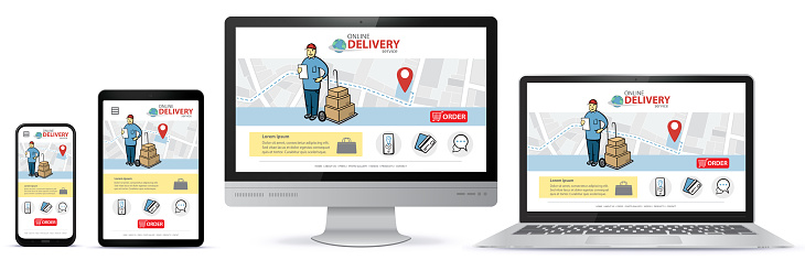 Online delivery service vector UI with digital devices.