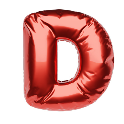 Letter D made of red inflatable balloon isolated on white background. 3D rendering illustration.