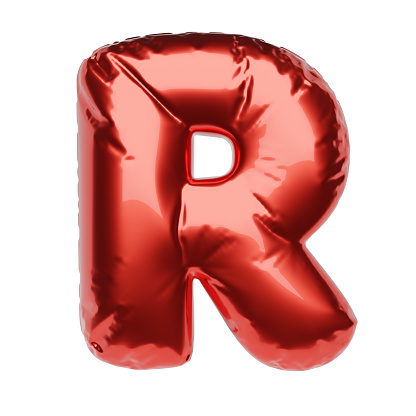 Letter R made of red inflatable balloon isolated on white background. 3D rendering illustration.