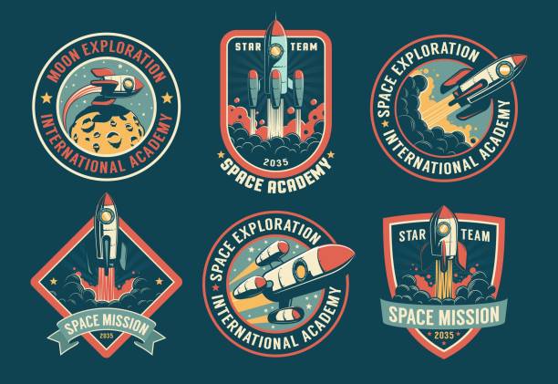 kosmiczne odznaki, emblematy i etykiety - rocket taking off spaceship space stock illustrations
