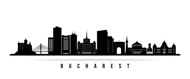 Vector illustration of Bucharest skyline horizontal banner. Black and white silhouette of Bucharest, Romania. Vector template for your design.