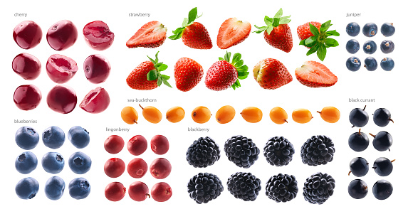 Large set of different berries on a white background.