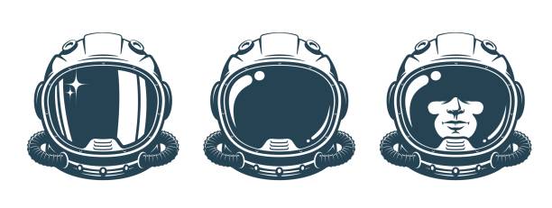 illustrazioni stock, clip art, cartoni animati e icone di tendenza di casco astronauta - set vintage - astronaut space helmet space helmet