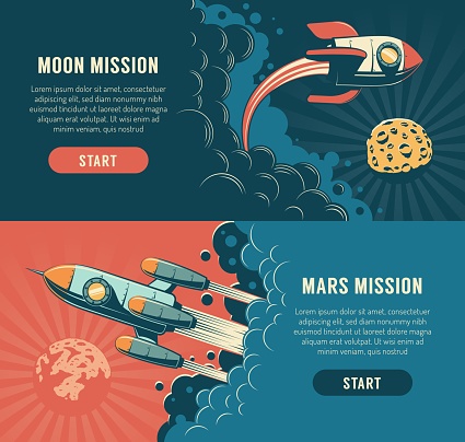Rocket launch to the moon - space flyer in retro style. Spaceship start mars mission - vintage banner. Vector illustration.